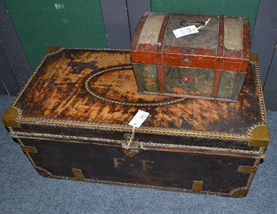 Lot 1660 - Leather and brass studded trunk monogrammed F.F and a painted box (2)