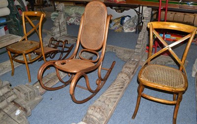 Lot 1668 - A Thonet rocking chair with caned seat and back stamped mark to frame, a pair of Thonet style...