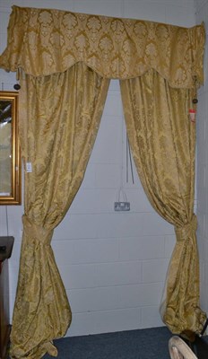 Lot 1671 - Three pairs of Gold Damask curtains with pelmets