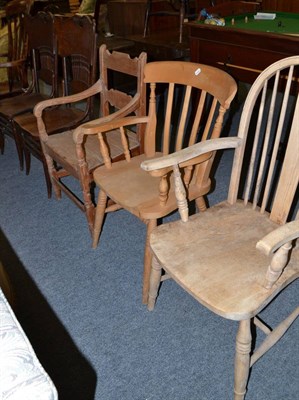 Lot 1701 - 19th century elm seated kitchen armchair, pine Windsor armchair, two pine kitchen chairs and a pair