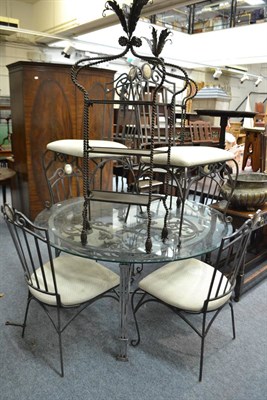 Lot 1722 - A glass top dining table, pair of console shelves and six chairs