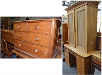 Lot 1756 - Victorian pine cupboard, Victorian pine desk, Victorian four drawer chest and a pine dome top trunk