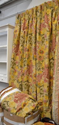 Lot 1800 - Two pairs of floral yellow curtains with drapery and cord tiebacks