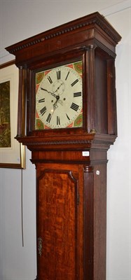 Lot 1816 - An oak eight day longcase clock, early 19th century, flat top pediment, mahogany crossbanded...