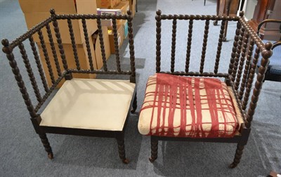 Lot 1835 - Pair of William IV bobbin turned caned corner armchairs with one squab