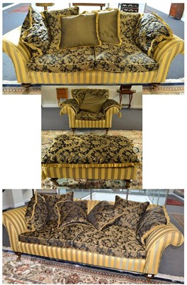 Lot 1874 - A good quality four piece lounge suite upholstered in striped fabric with gold and black squab...