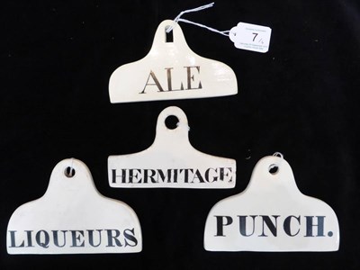 Lot 7 - Four uncommon 19th century creamware bin labels, inscribed for PUNCH, LIQUEURS, HERMITAGE and...