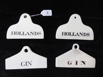 Lot 8 - Four 19th century creamware bin labels, two inscribed for GIN and two for HOLLANDS, the Gin...