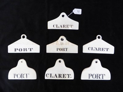 Lot 12 - Seven 19th century creamware bin labels, four inscribed for PORT and three for CLARET, various...