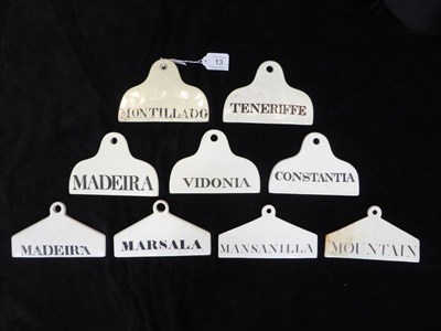 Lot 13 - Nine 19th century creamware regional bin labels, inscribed for MANSANILLA (Wedgwood), MADEIRA,...