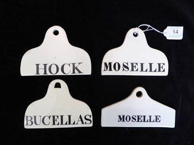 Lot 14 - Four 19th century creamware regional bin labels, inscribed for HOCK (hairline), MOSELLE (x2),...