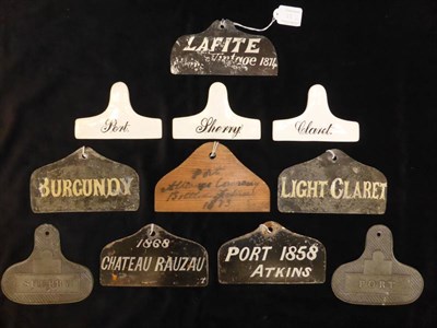 Lot 15 - Four creamware bin labels, inscribed Sherry, port and Claret, two pewter bin labels inscribed...