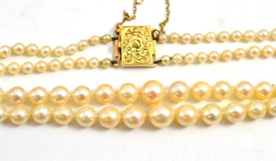 Lot 25 - A cultured pearl necklace, the graduated pearls knotted to an engraved oblong clasp, length 48.5cm