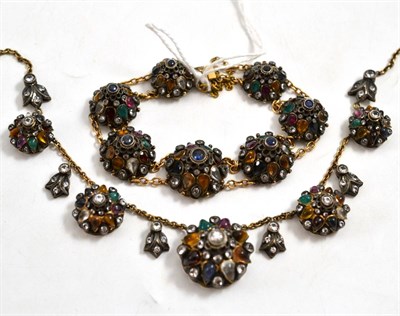 Lot 28 - An Austro-Hungarian gemstone bracelet and matching necklace, set with white pastes, agates, garnet