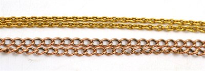 Lot 38 - Two chains; a rose coloured curb link chain, length 65cm, and a yellow coloured trace link...
