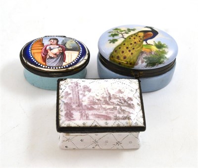 Lot 40 - Staffordshire enamel snuff box, 18th century, decorated with a landscape, 6cm wide; an enamel patch