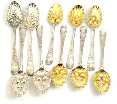 Lot 50 - Ten assorted silver berry spoons with later decorated bowls and stems, various dates and makers