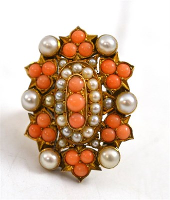 Lot 65 - A coral and seed pearl ring, the plaque form cluster of coral cabochons and split pearls, on a...