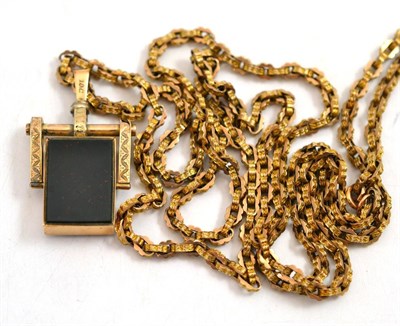 Lot 70 - A guard chain and swivel fob pendant, the long fancy link chain hung with a squared fob with oblong