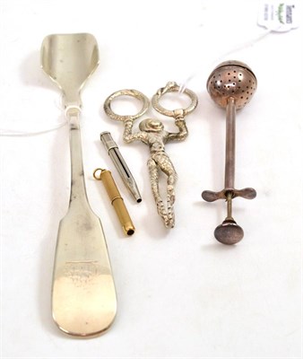 Lot 77 - A pair of Continental scissor action sugar tongs as a Harlequin, a tea infuser and two...