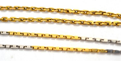 Lot 81 - Two chains; one in series of alternating yellow and white fancy links, length 33cm, the other...