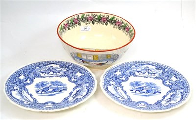 Lot 96 - Adams cock fighting bowl, 25cm diameter and a pair of Copeland Spode blue and white transfer...