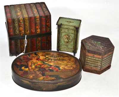 Lot 102 - A collection of biscuit tins - Huntley & Palmer's books, Gray Dunn & Co Glasgow Concertina;...