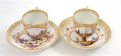 Lot 108 - A matched pair of outside decorated Meissen porcelain coffee cups and saucers, 19th century,...