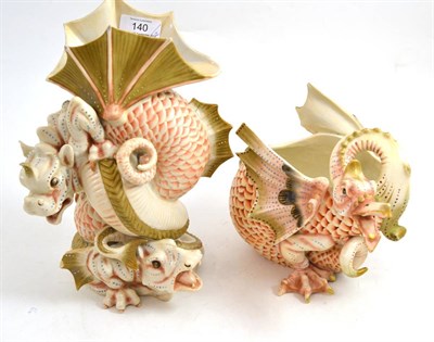 Lot 140 - Pair of Ernst Bohne porcelain vases, circa 1900, modelled as dragons, 28cm and 18cm high