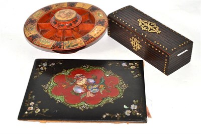 Lot 146 - A painted wood 'Pope Joan' board, papier-mâché blotter and a glove box (3)