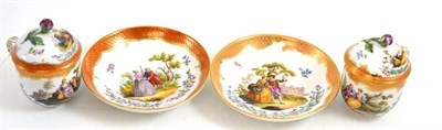 Lot 148 - A pair of outside decorated Meissen porcelain chocolate cups, covers and saucers, 19th century,...