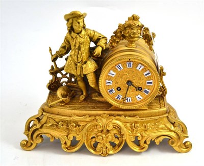 Lot 150 - A gilt metal striking mantel clock, circa 1890, figural case with a scroll decorated base, cast...