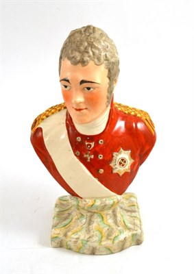 Lot 154 - Wood & Caldwell pottery bust of Alexander I of Russia, circa 1815, wearing military uniform on...