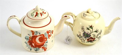 Lot 158 - A creamware teapot and cover of cylindrical form painted in colours with flowers, 15cm high;...