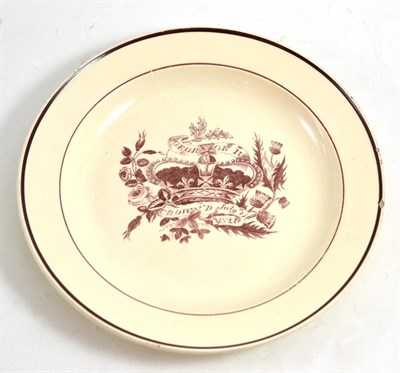 Lot 159 - A creamware George IV commemorative plate, printed in purple with ";GEORGE IV CROWN'D JULY 19TH...