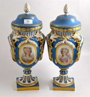 Lot 160 - A pair of Sevres style porcelain vases and covers, late 19th century, decorated with bust portraits