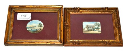 Lot 167 - A 19th century miniature of a Continental scene with bridge and another with marching guards in...