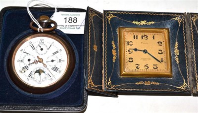 Lot 188 - A gun metal triple calendar moonphase travelling watch, circa 1900, enamel dial with four dials for