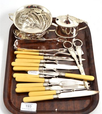 Lot 193 - Silver porringer, sugar nips, caddy spoons, grape scissors, ivory handled fruit cutlery and...