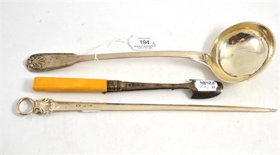 Lot 194 - A silver ladle, a silver meat skewer and a plated stilton scoop