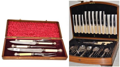 Lot 195 - A late Victorian double carving set by Martin, Hall & Co, Sheffield, all five items of cutlery have