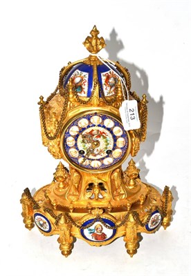 Lot 213 - A gilt metal and porcelain mounted striking mantel clock, circa 1880, dark blue porcelain...