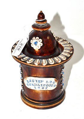 Lot 219 - Meashamware tobacco jar and cover, circa 1887, inscribed ";RUBEN LEE SWADLINCOTE 1887";, 19cm high