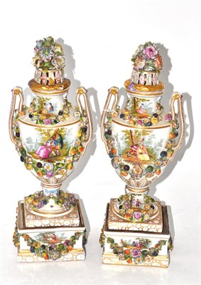 Lot 236 - Pair of Carl Thieme, Potschappel porcelain twin-handled vases, covers and stands, circa 1900,...