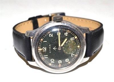 Lot 238 - A stainless steel military wristwatch, signed Cyma, circa 1945, lever movement, black dial with...