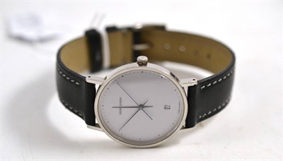 Lot 241 - A stainless steel calendar centre seconds wristwatch, signed Georg Jensen, modern, quartz movement