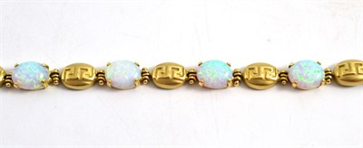 Lot 246 - An opal bracelet, the oval cabochon opals in yellow four claw settings, alternating with matt...