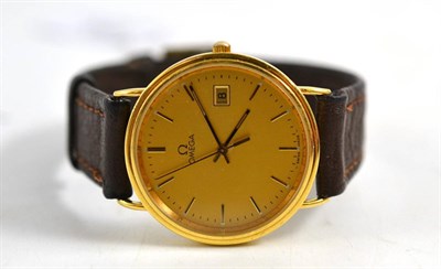 Lot 256 - An 18ct gold calendar centre seconds wristwatch, signed Omega, circa 1995, quartz movement,...