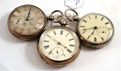 Lot 278 - Three silver open faced pocket watches, signed Joe Hinchliffe, Huddersfield, 1862, lever...