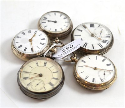 Lot 290 - Five silver open faced pocket watches, signed King, Hull, Grant, Fleet street London, Barratt...